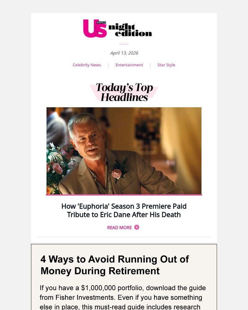 Screenshot of email sent to a Us Weekly Newsletter subscriber