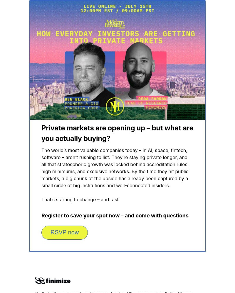 Screenshot of email sent to a Finimize Registered user