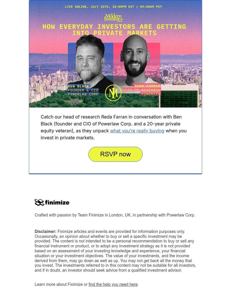 Screenshot of email sent to a Finimize Registered user