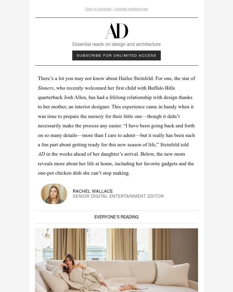 Screenshot of email sent to a Architectural Digest Newsletter subscriber