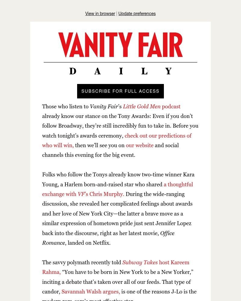 Screenshot of email sent to a Vanity Fair Newsletter subscriber