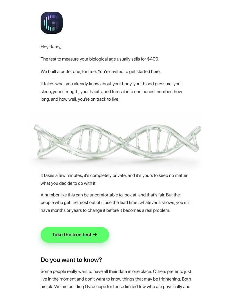 Screenshot of email sent to a Gyroscope Registered user