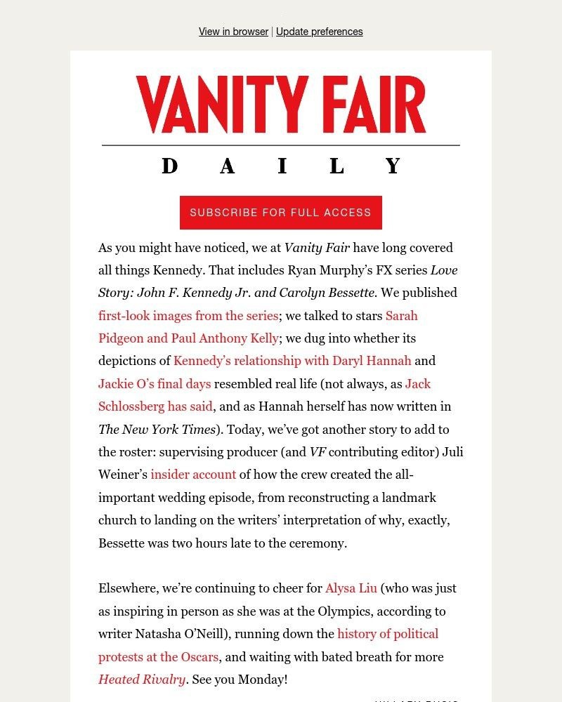 Screenshot of email sent to a Vanity Fair Newsletter subscriber