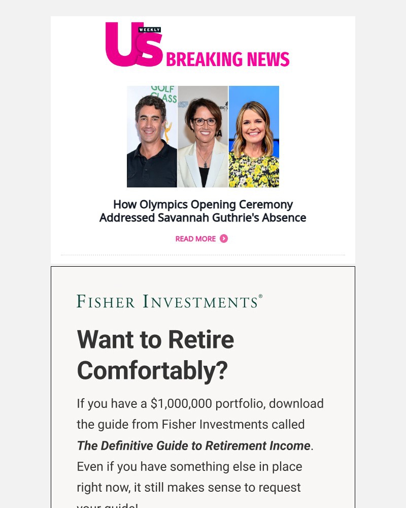 Screenshot of email sent to a Us Weekly Newsletter subscriber