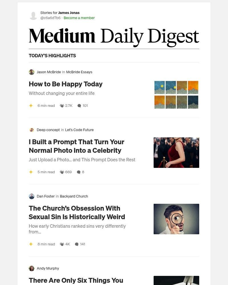 Screenshot of email sent to a Medium Registered user