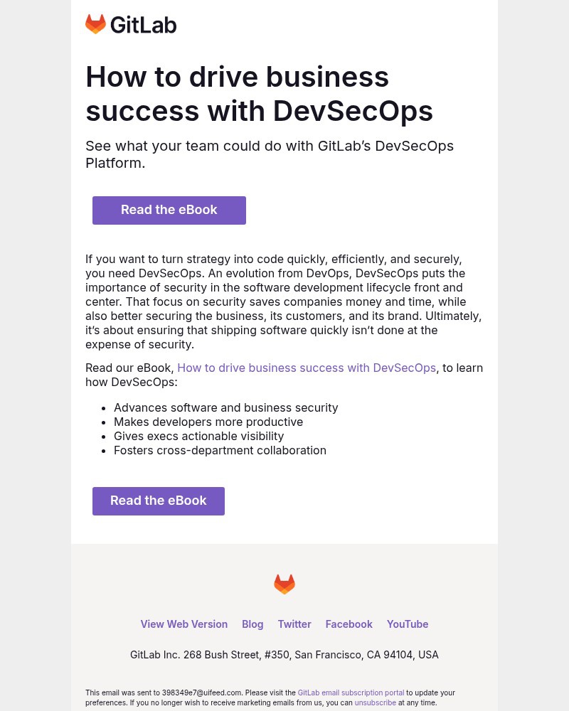 Screenshot of email sent to a GitLab Newsletter subscriber