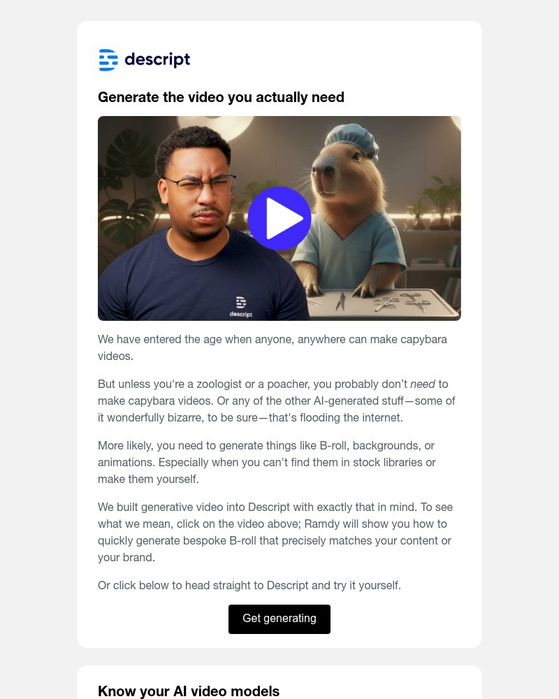 Screenshot of email sent to a Descript Registered user