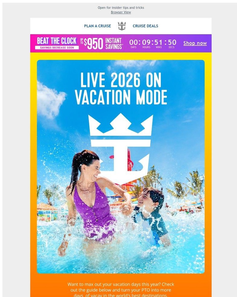 Screenshot of email sent to a Royal Caribbean Cruises Newsletter subscriber