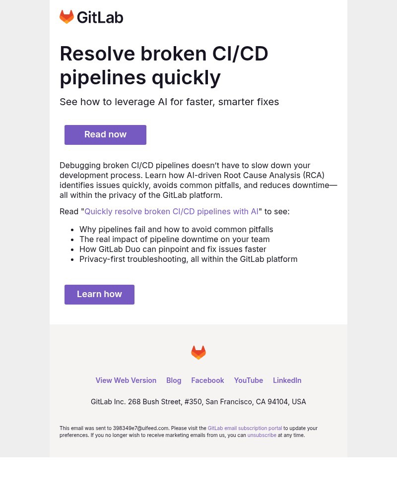 Screenshot of email sent to a GitLab Newsletter subscriber
