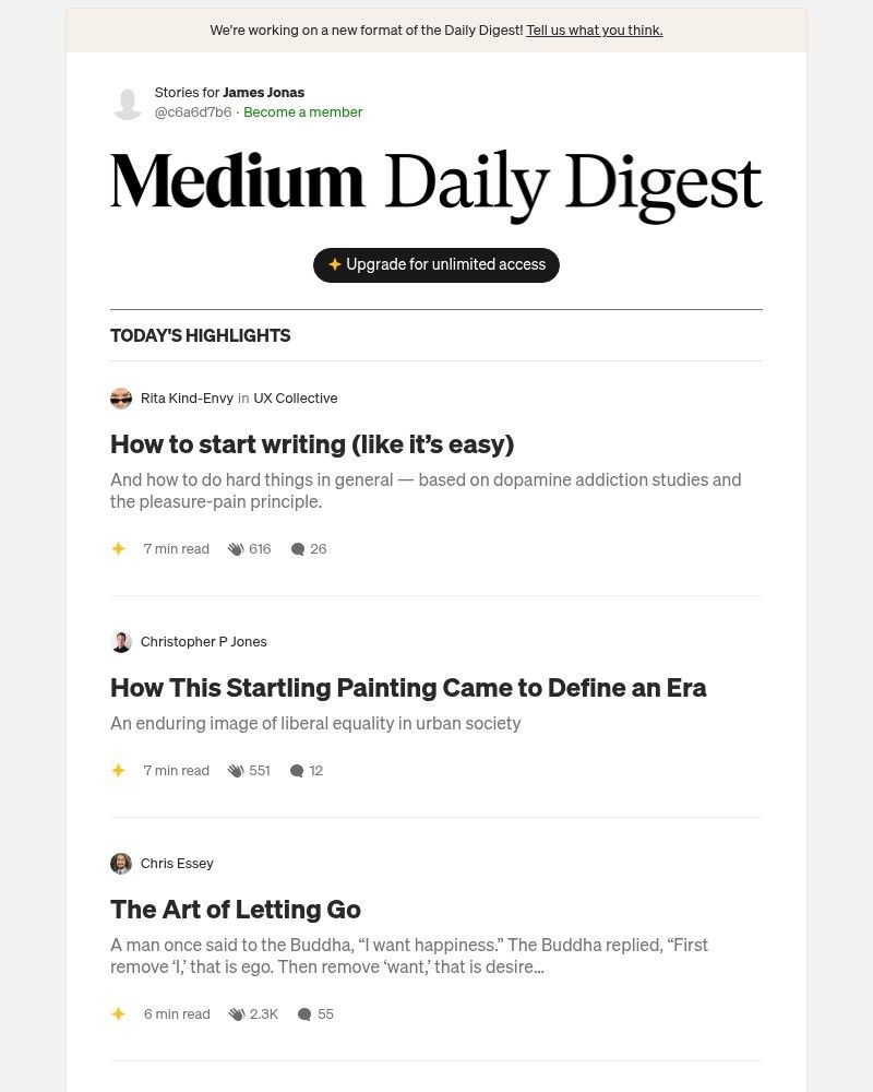Screenshot of email with subject /media/emails/how-to-start-writing-like-its-easy-rita-kind-envy-in-ux-collective-7e3421-cropped_QQkk9BL.jpg