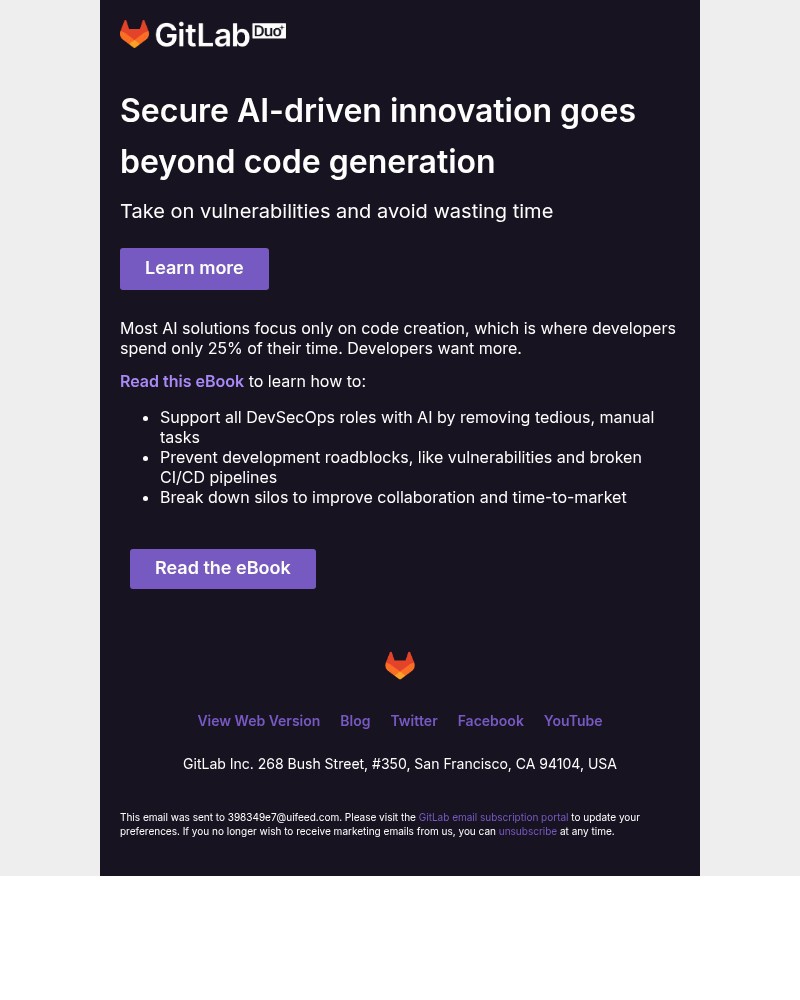 Screenshot of email sent to a GitLab Newsletter subscriber