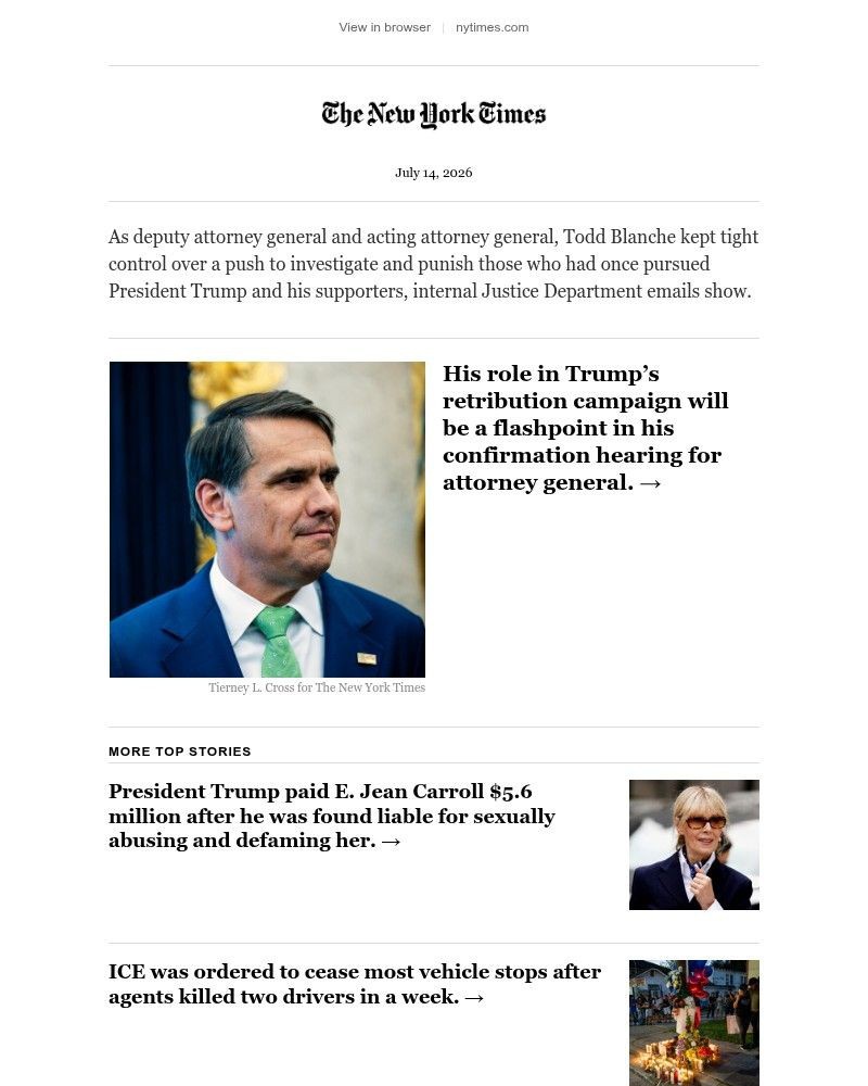 Screenshot of email sent to a The New York Times Customer