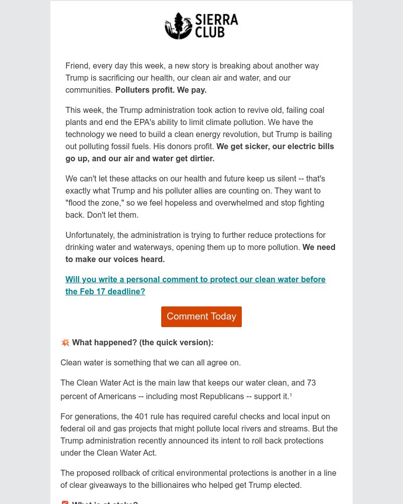 Screenshot of email sent to a Sierra Club Newsletter subscriber