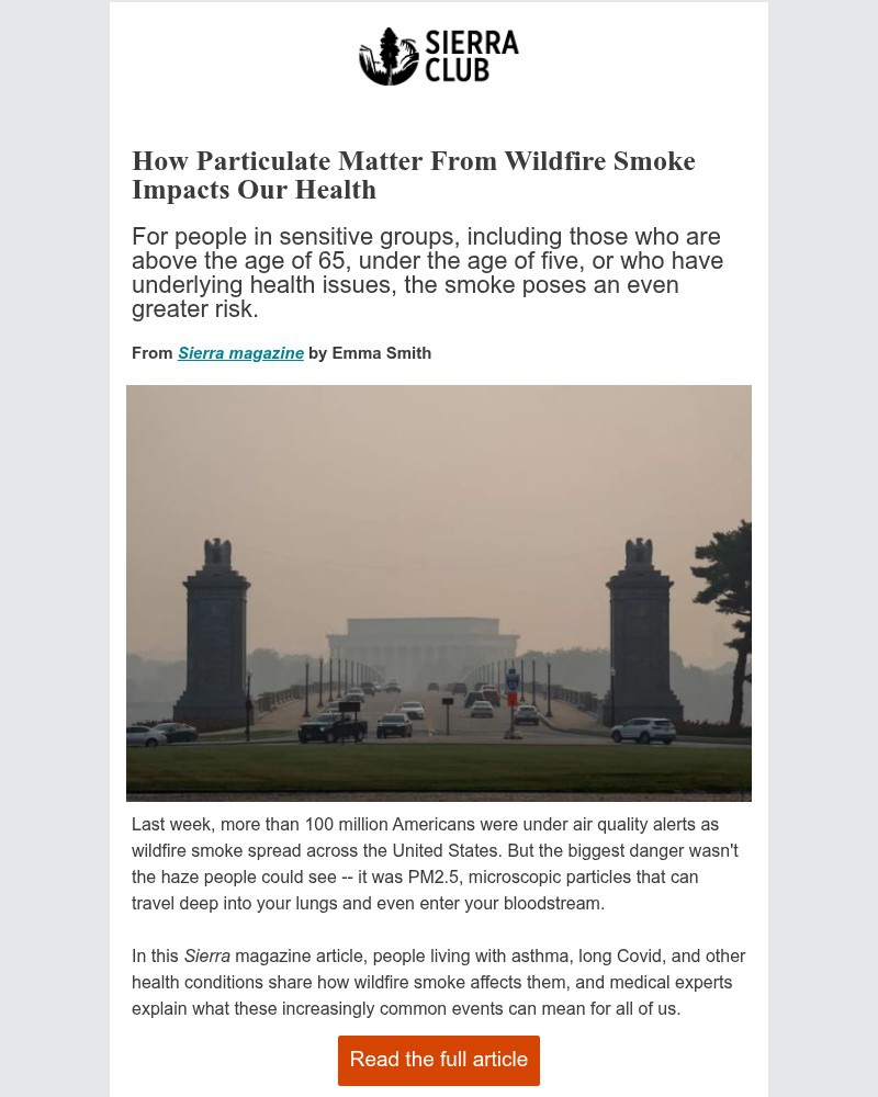 Screenshot of email sent to a Sierra Club Newsletter subscriber
