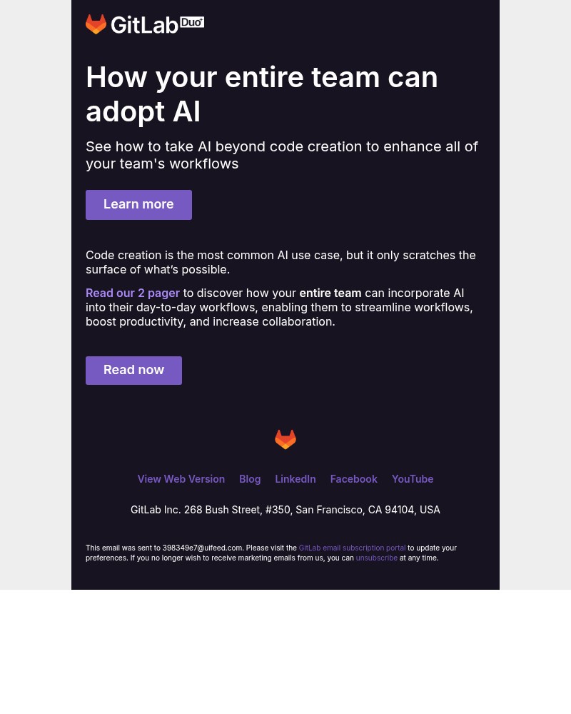 Screenshot of email sent to a GitLab Newsletter subscriber