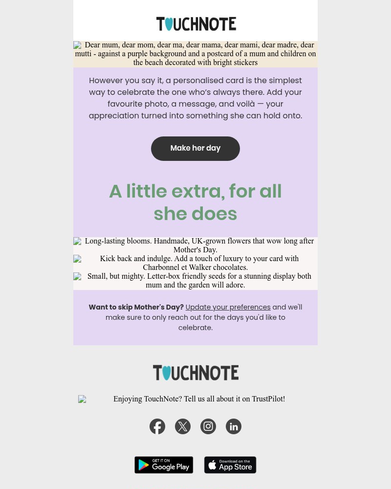 Screenshot of email sent to a TouchNote Customer