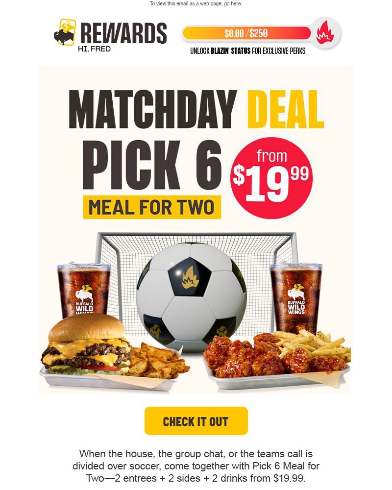 Screenshot of email sent to a Buffalo Wild Wings Registered user