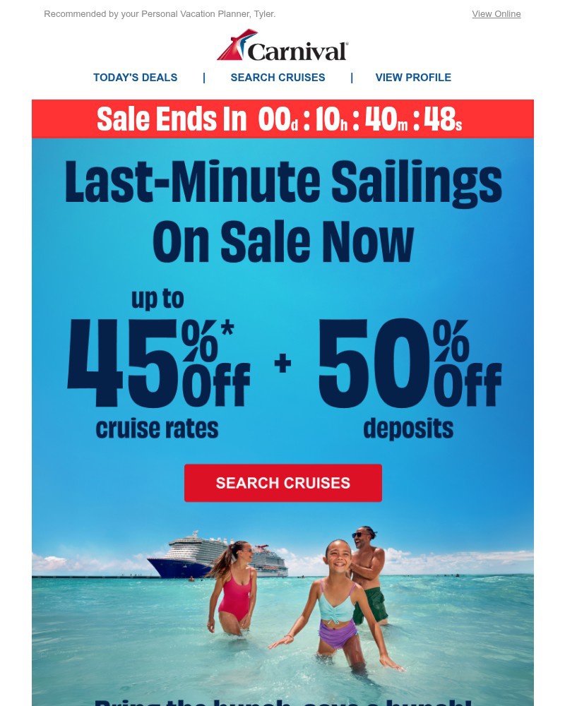 Screenshot of email sent to a Carnival Cruise Line Registered user