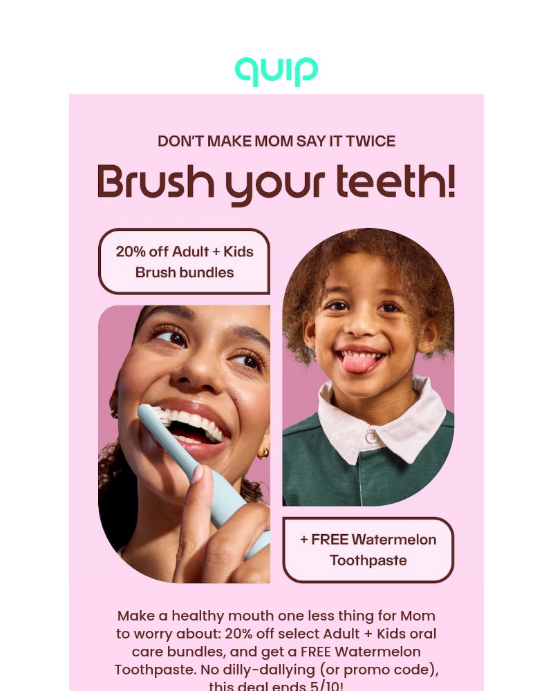 Screenshot of email sent to a Quip Newsletter subscriber