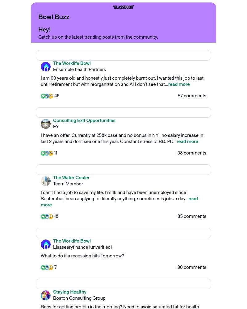 Screenshot of email sent to a Glassdoor Registered user