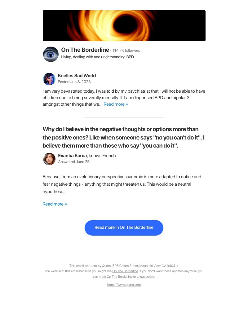 Screenshot of email sent to a Quora Registered user
