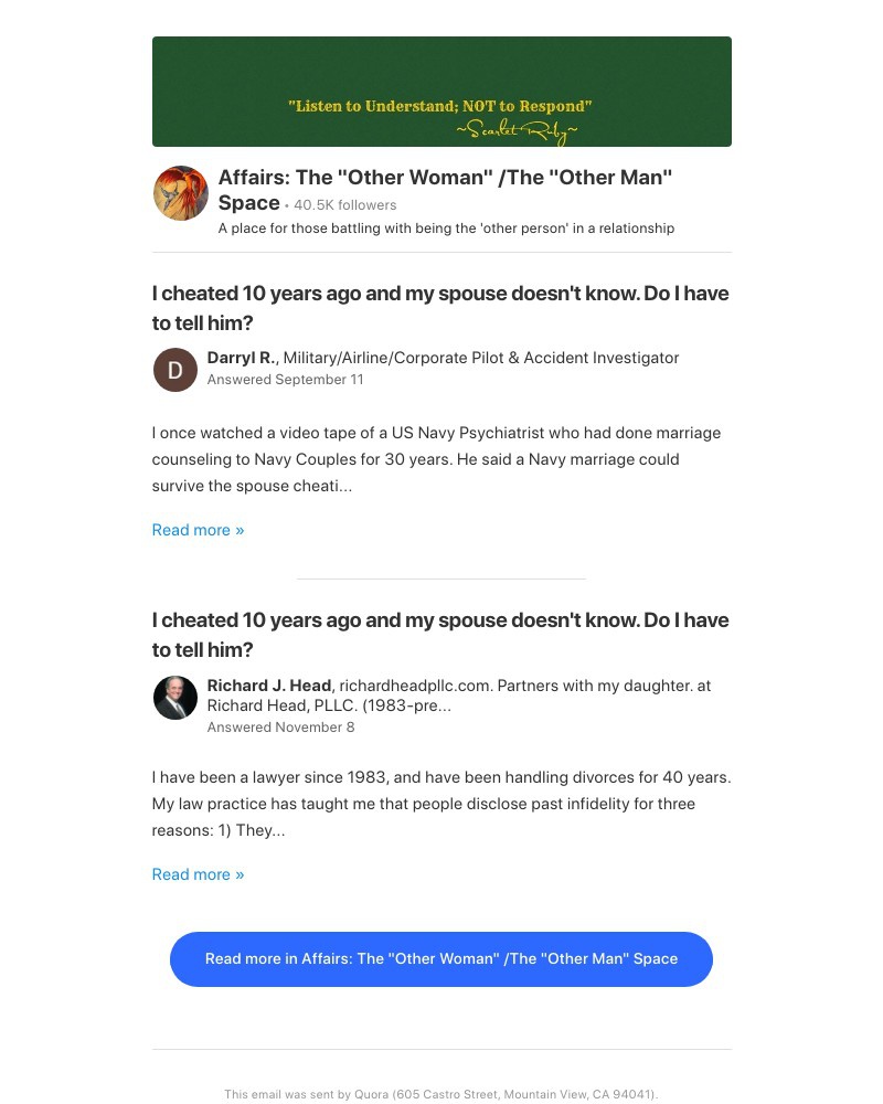 Screenshot of email sent to a Quora Registered user