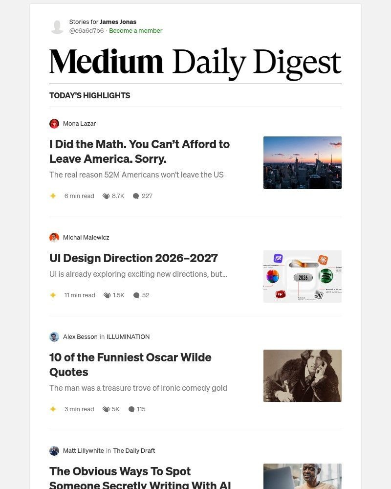 Screenshot of email sent to a Medium Registered user