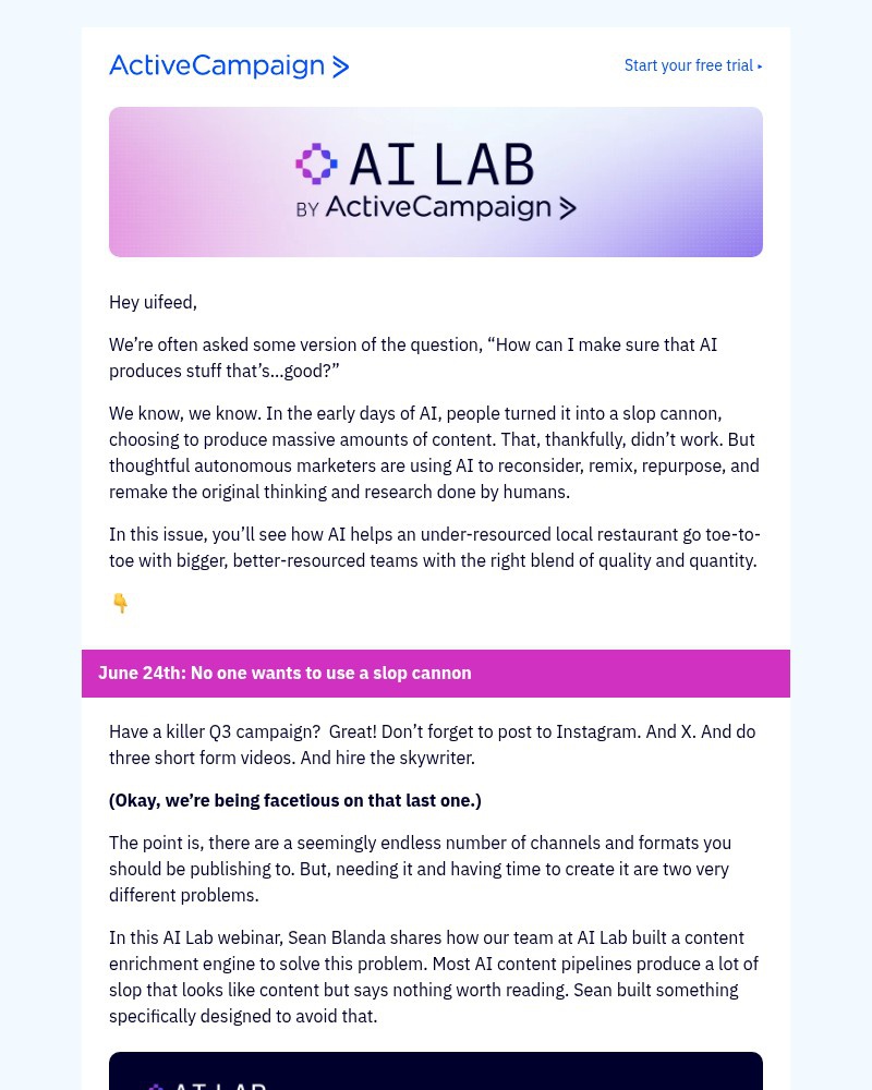 Screenshot of email sent to a ActiveCampaign Customer