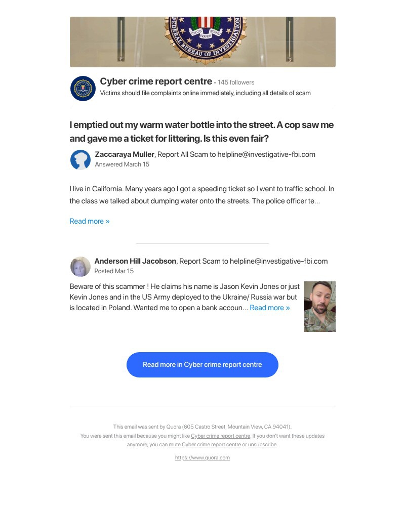 Screenshot of email sent to a Quora Registered user