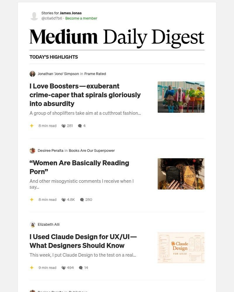 Screenshot of email sent to a Medium Registered user