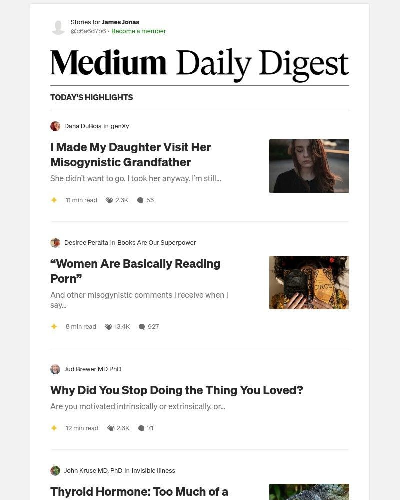 Screenshot of email sent to a Medium Registered user