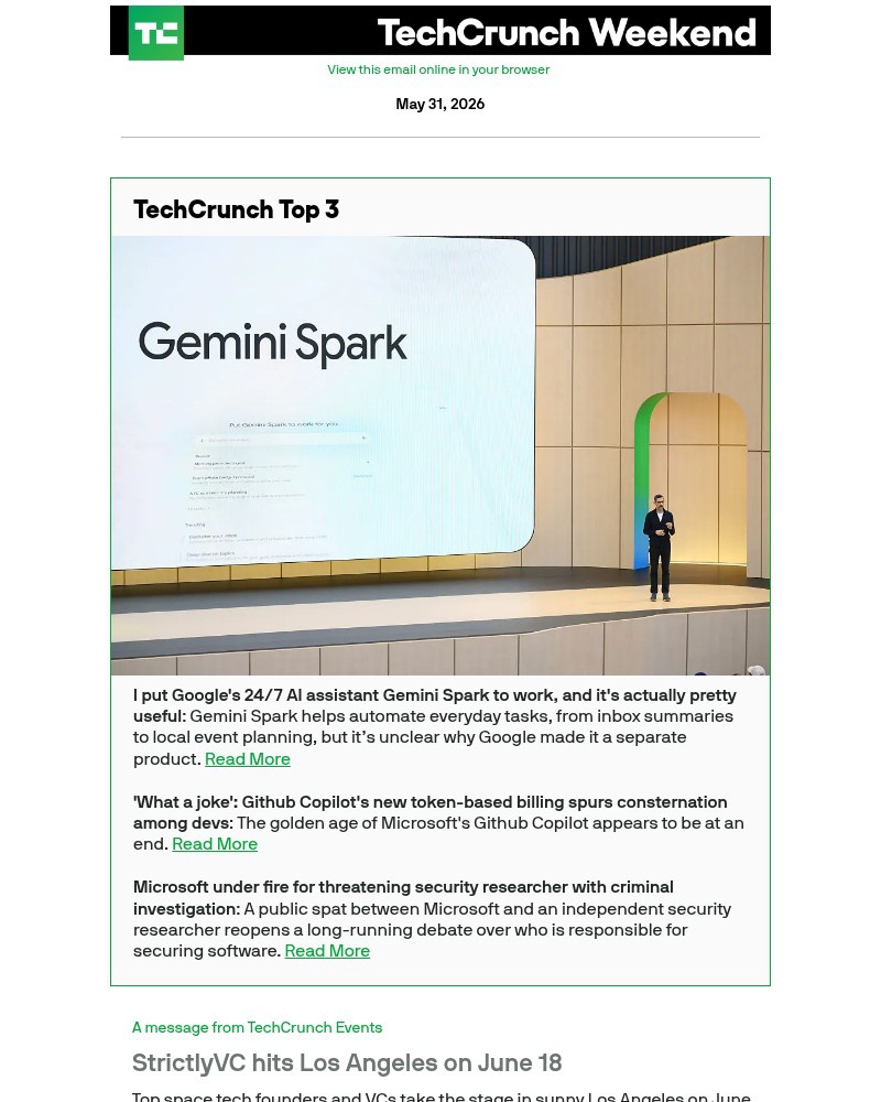 Screenshot of email sent to a Techcrunch Newsletter subscriber