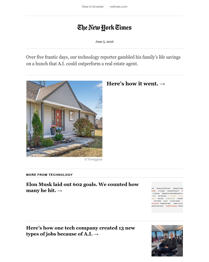 Screenshot of email sent to a The New York Times Customer
