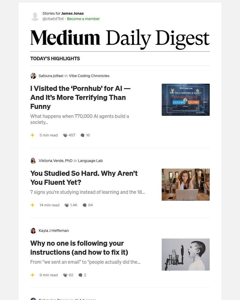 Screenshot of email sent to a Medium Registered user