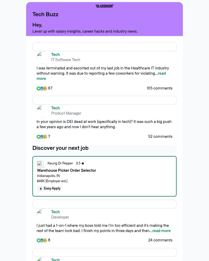 Screenshot of email sent to a Glassdoor Registered user