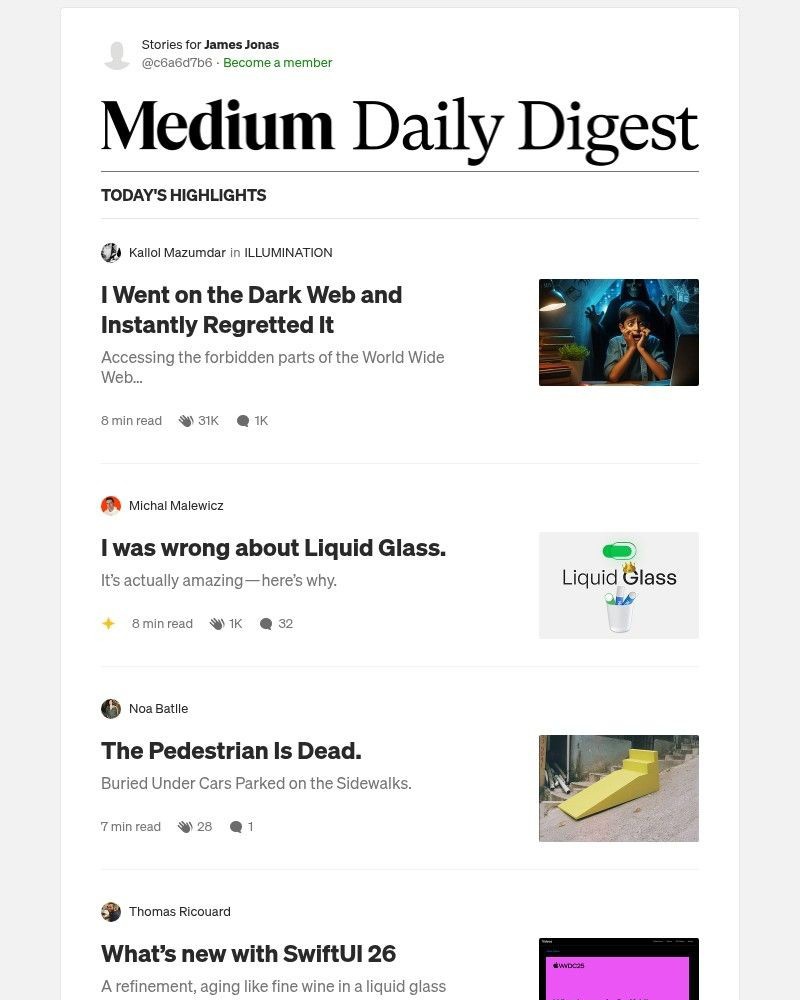 Screenshot of email sent to a Medium Registered user