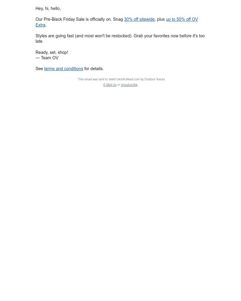 Screenshot of email sent to a Outdoor Voices Newsletter subscriber