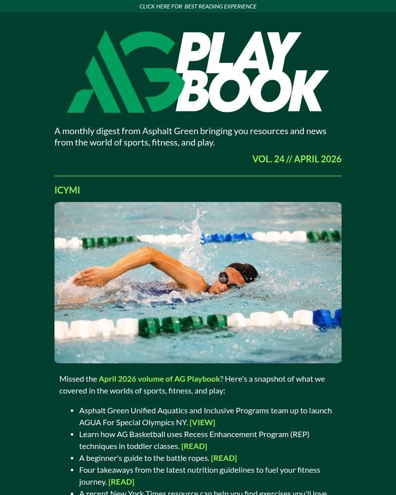 Screenshot of email sent to a Asphalt Green Newsletter subscriber