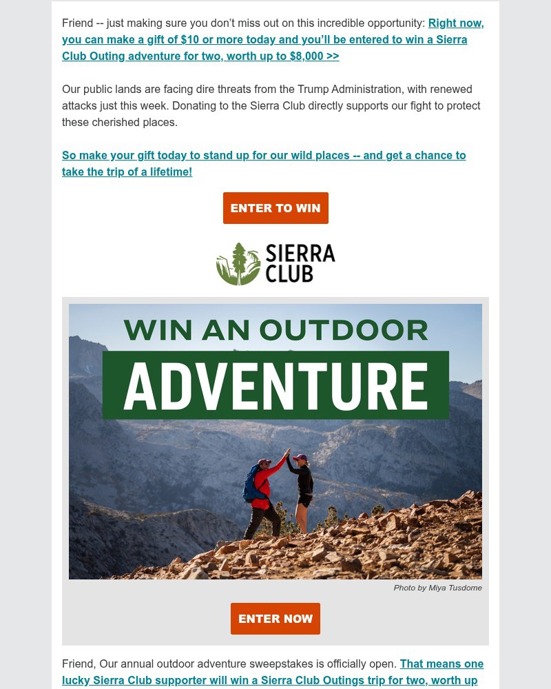 Screenshot of email sent to a Sierra Club Newsletter subscriber