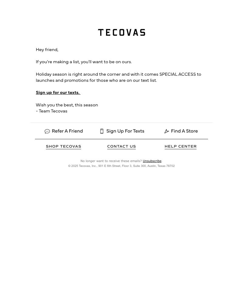 Screenshot of email sent to a Tecovas Newsletter subscriber