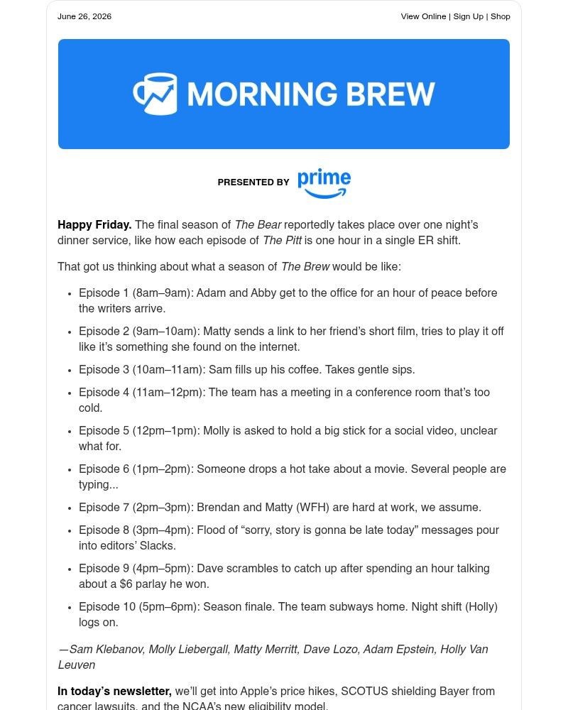 Screenshot of email sent to a Morning Brew Newsletter subscriber