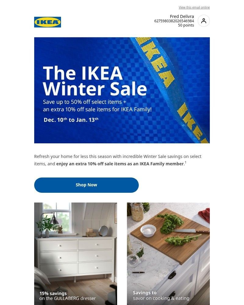 Screenshot of email sent to a Ikea Registered user