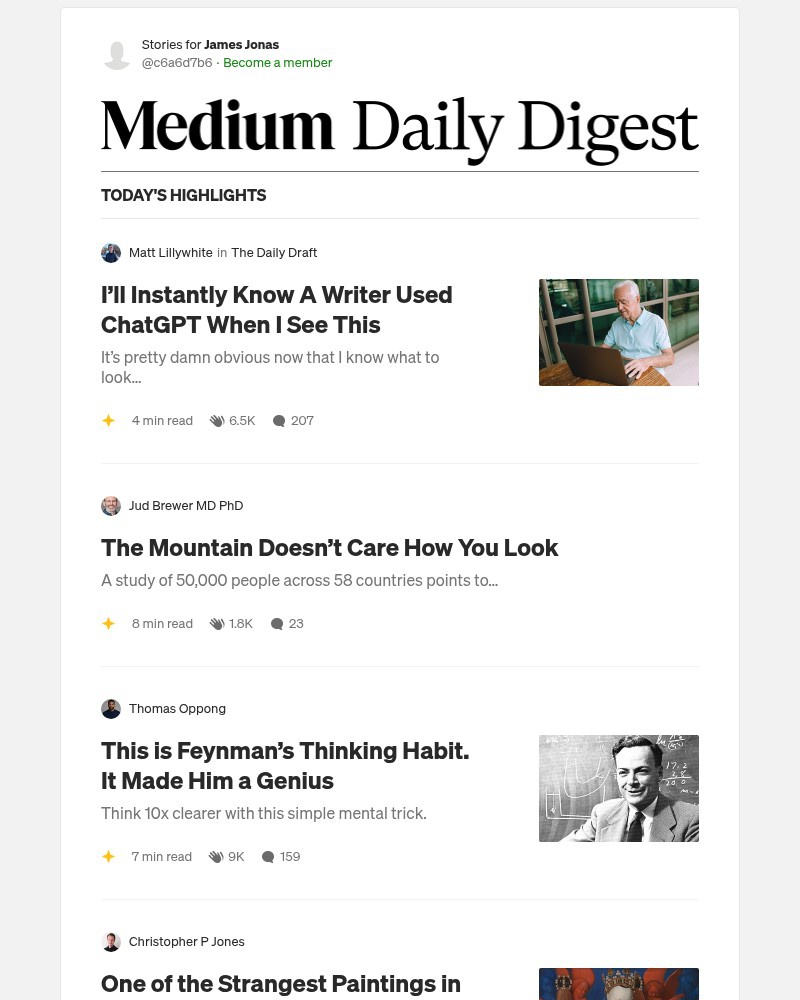 Screenshot of email sent to a Medium Registered user