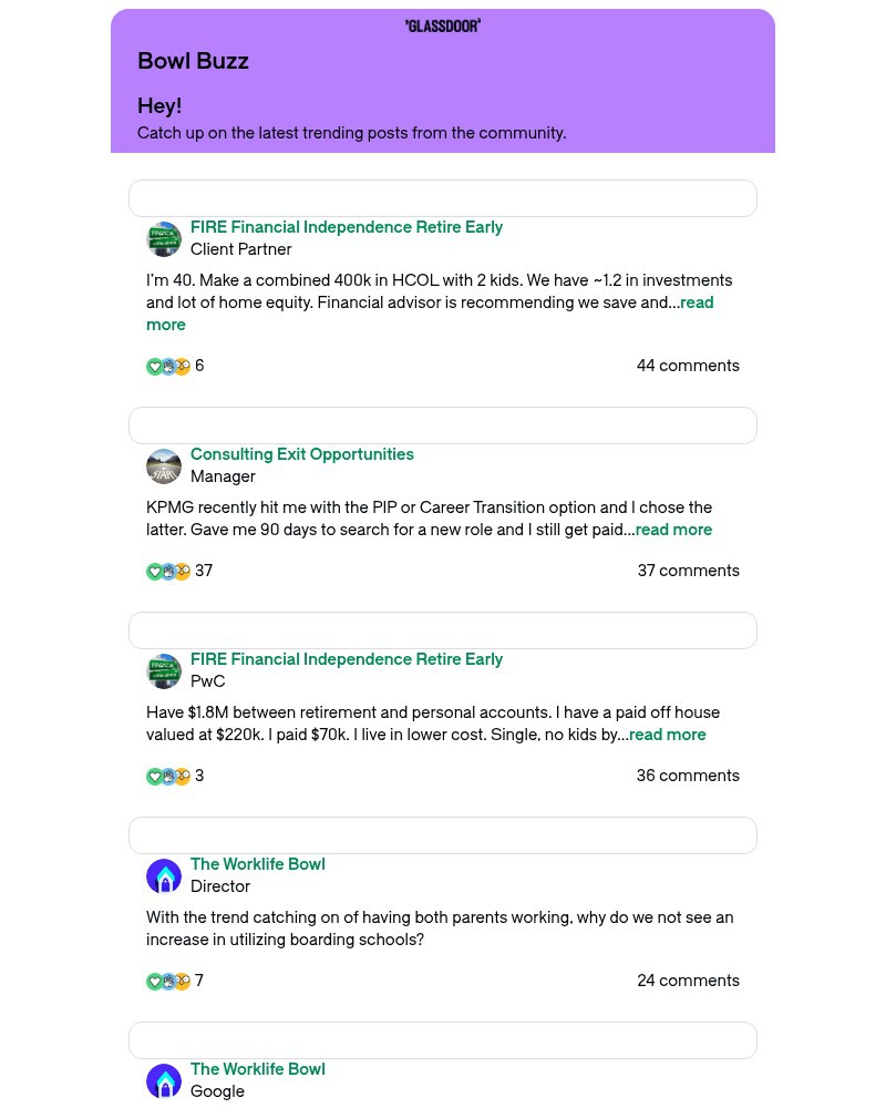 Screenshot of email sent to a Glassdoor Registered user