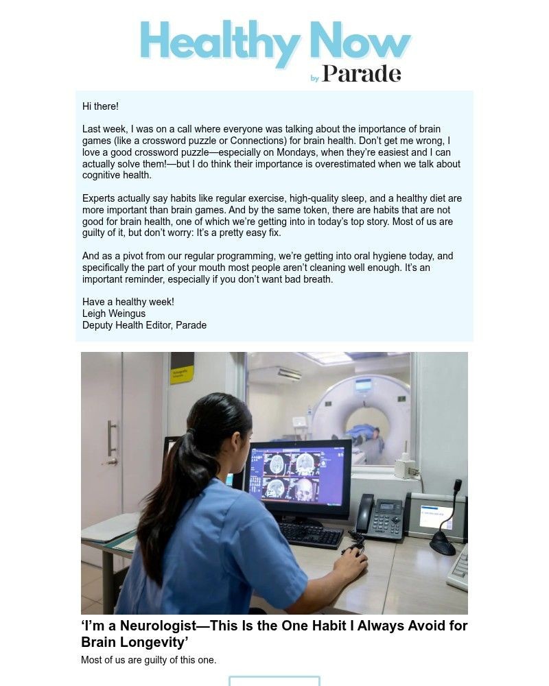 Screenshot of email sent to a Parade Newsletter subscriber