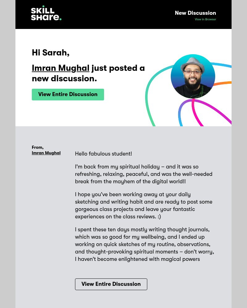 Screenshot of email sent to a Skillshare Registered user