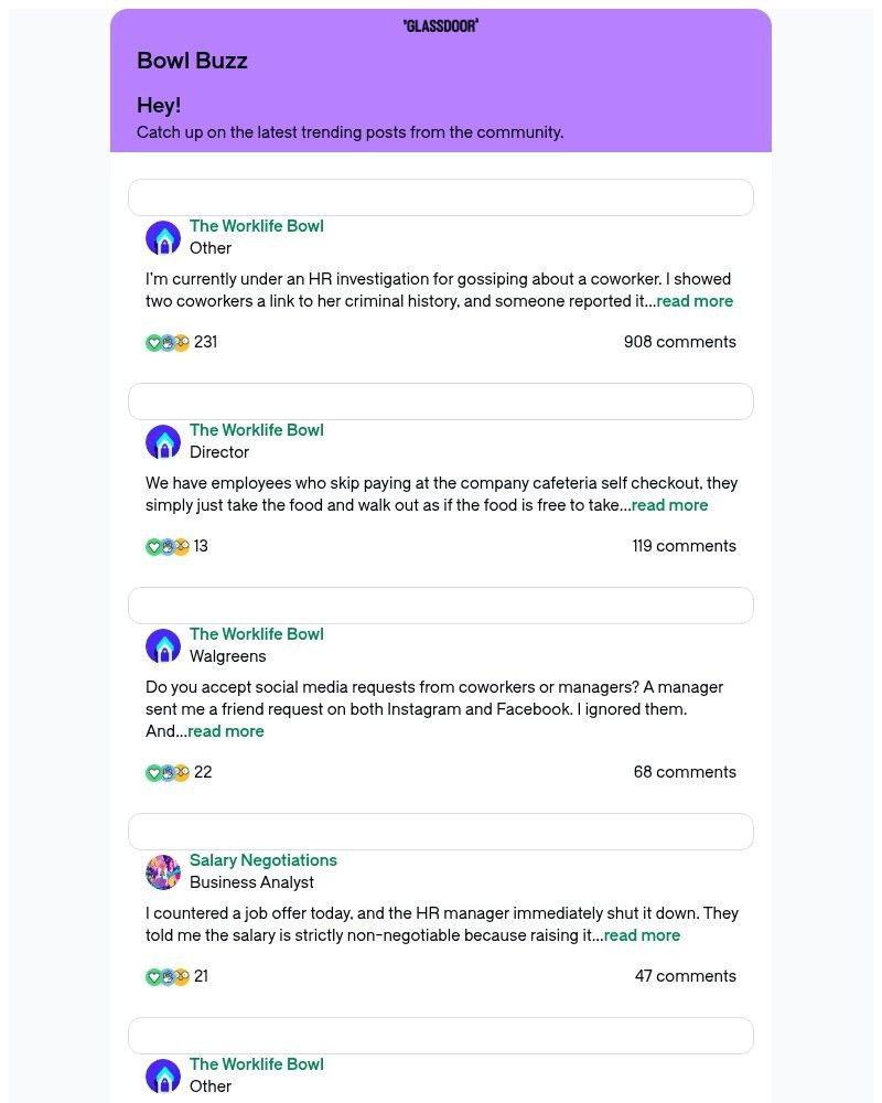 Screenshot of email sent to a Glassdoor Registered user