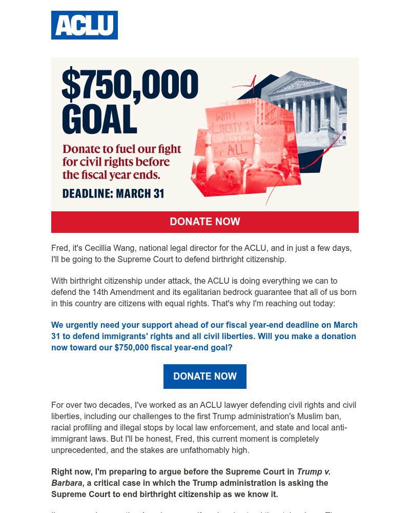 Screenshot of email sent to a American Civil Liberties Union Newsletter subscriber
