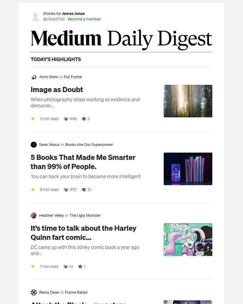Screenshot of email sent to a Medium Registered user