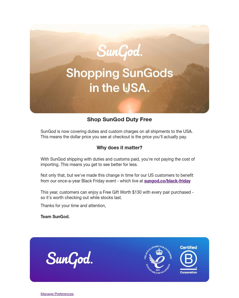 Screenshot of email sent to a SunGod Newsletter subscriber